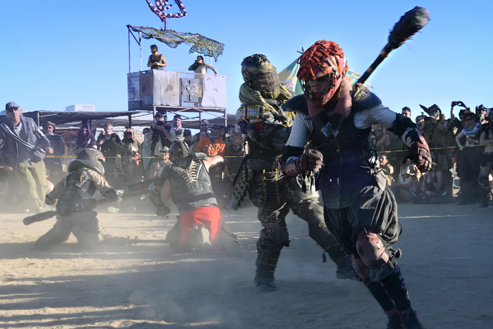 Costumed combatants in a jugger match at Wasteland Weekend, the Mad Max inspired desert festival