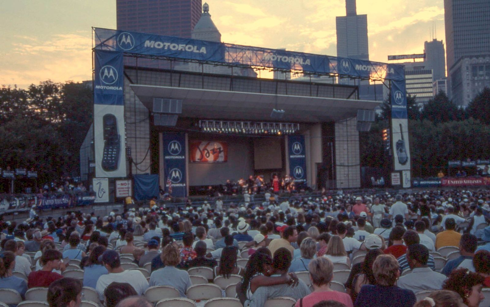An evening crowd fills the seats before the main stage at the Chicago Jazz Festival