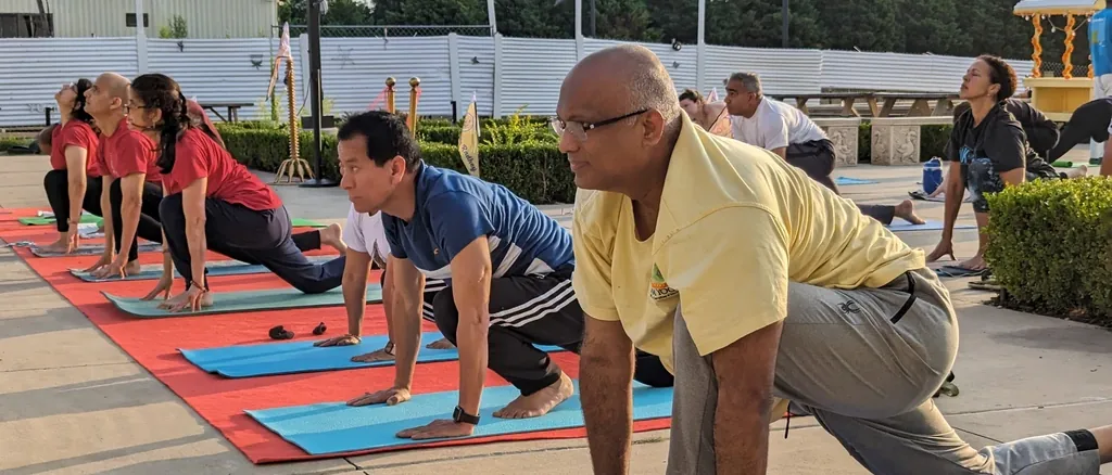 Rows of practitioners in low lunge during the 108 surya namaskar at Dallas Yoga Fest