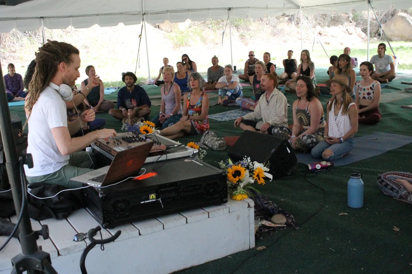 Kirtan circle gathered under the big tent at Sangha Yoga Fest