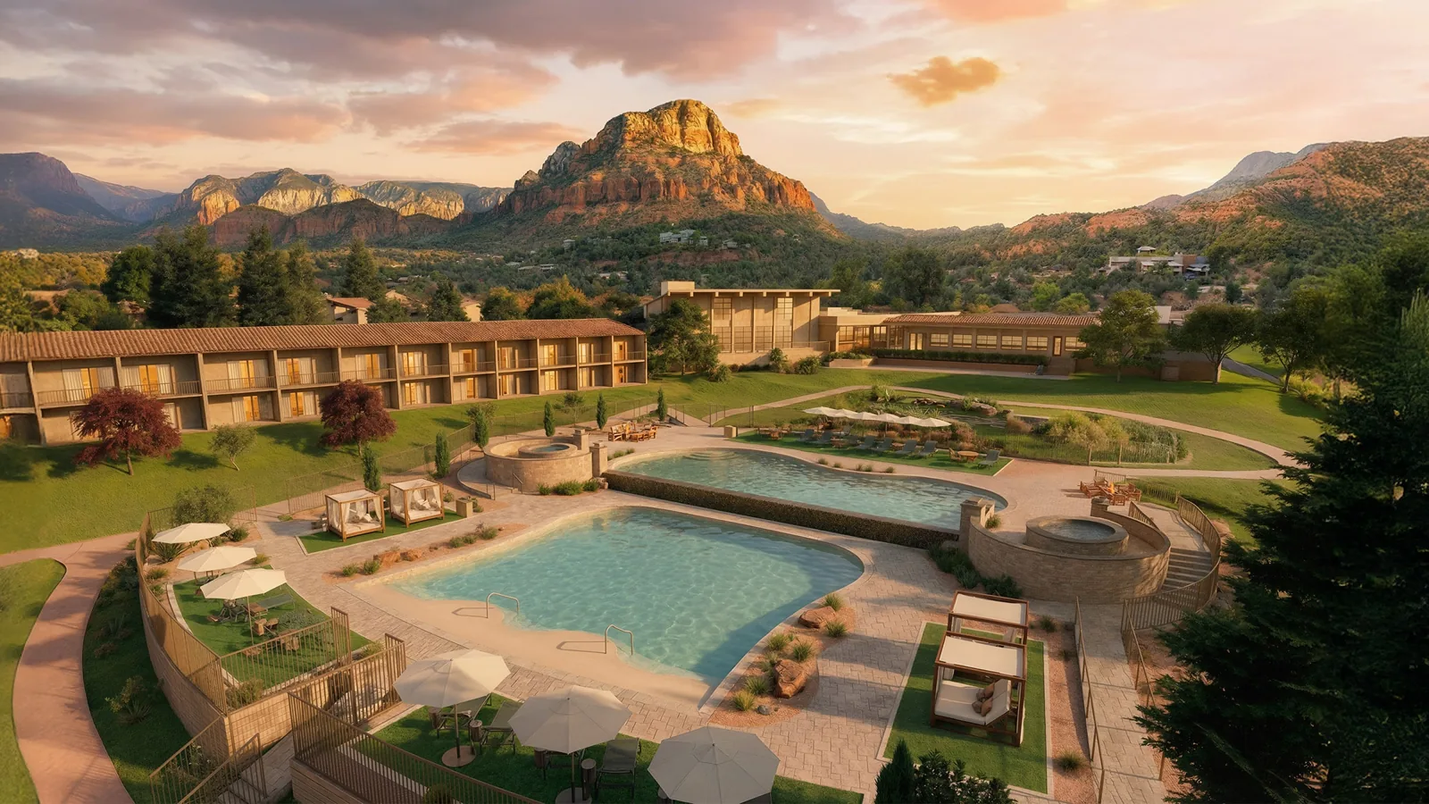 Rendering of the Outbound Sedona resort pools beneath red-rock buttes at sunset