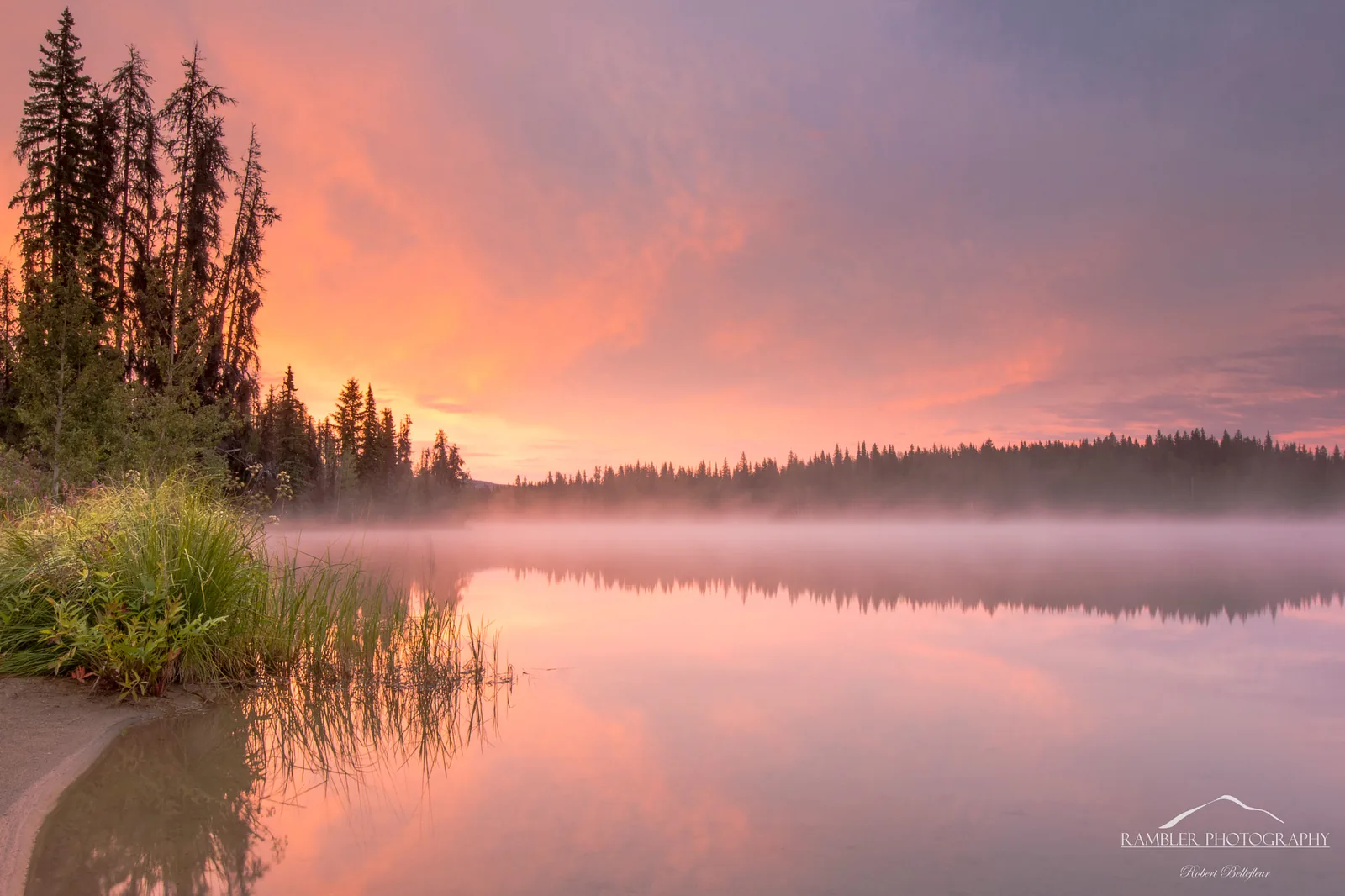 Mist lying over a still lake at dawn, with a dark treeline and a pink and orange sky reflected in the water.