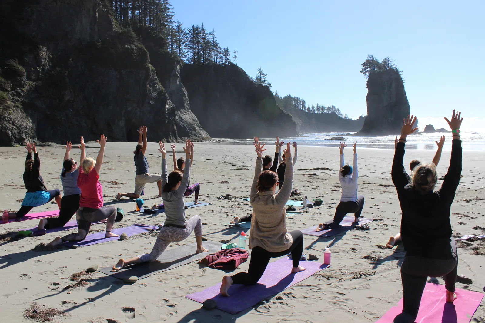 A group of people in a standing yoga pose on a wide sandy beach, with forested sea stacks rising out of the surf behind them.