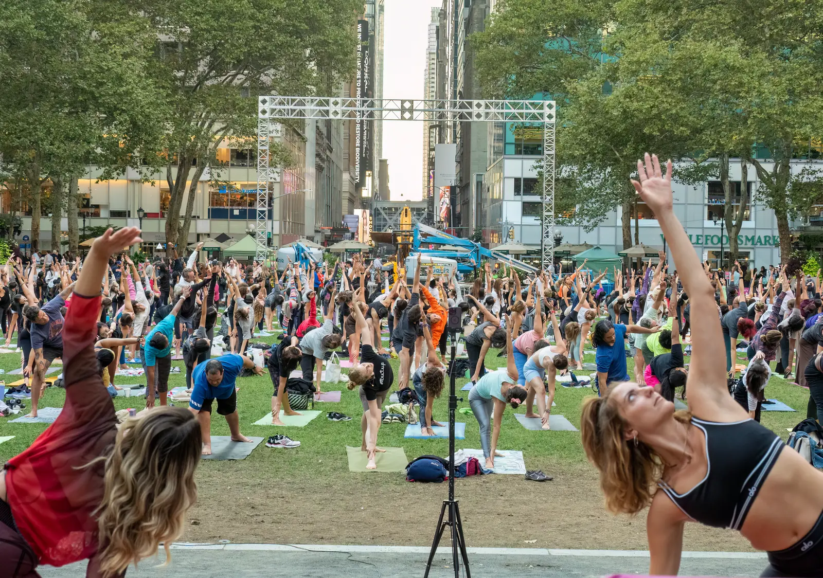 A large outdoor yoga class on a city park lawn, rows of people with one arm raised, tall buildings visible beyond the trees.