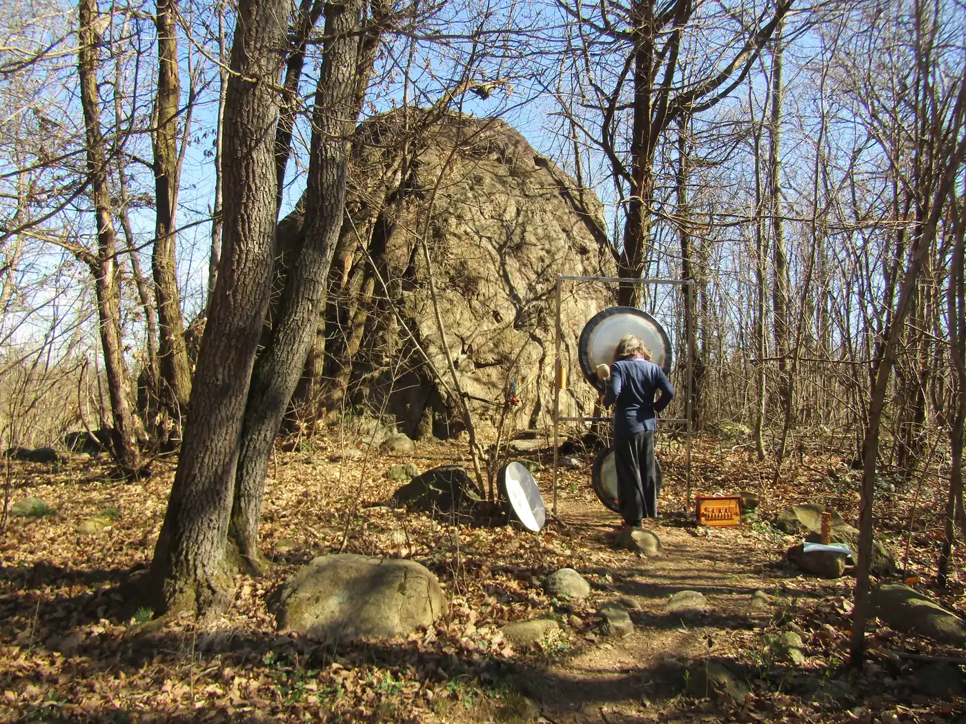 A large bronze gong on a stand beside a mossy boulder in bare woodland, with a person standing next to it.