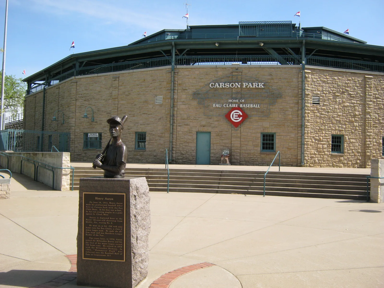 The stone entrance of the Carson Park baseball stadium in Eau Claire
