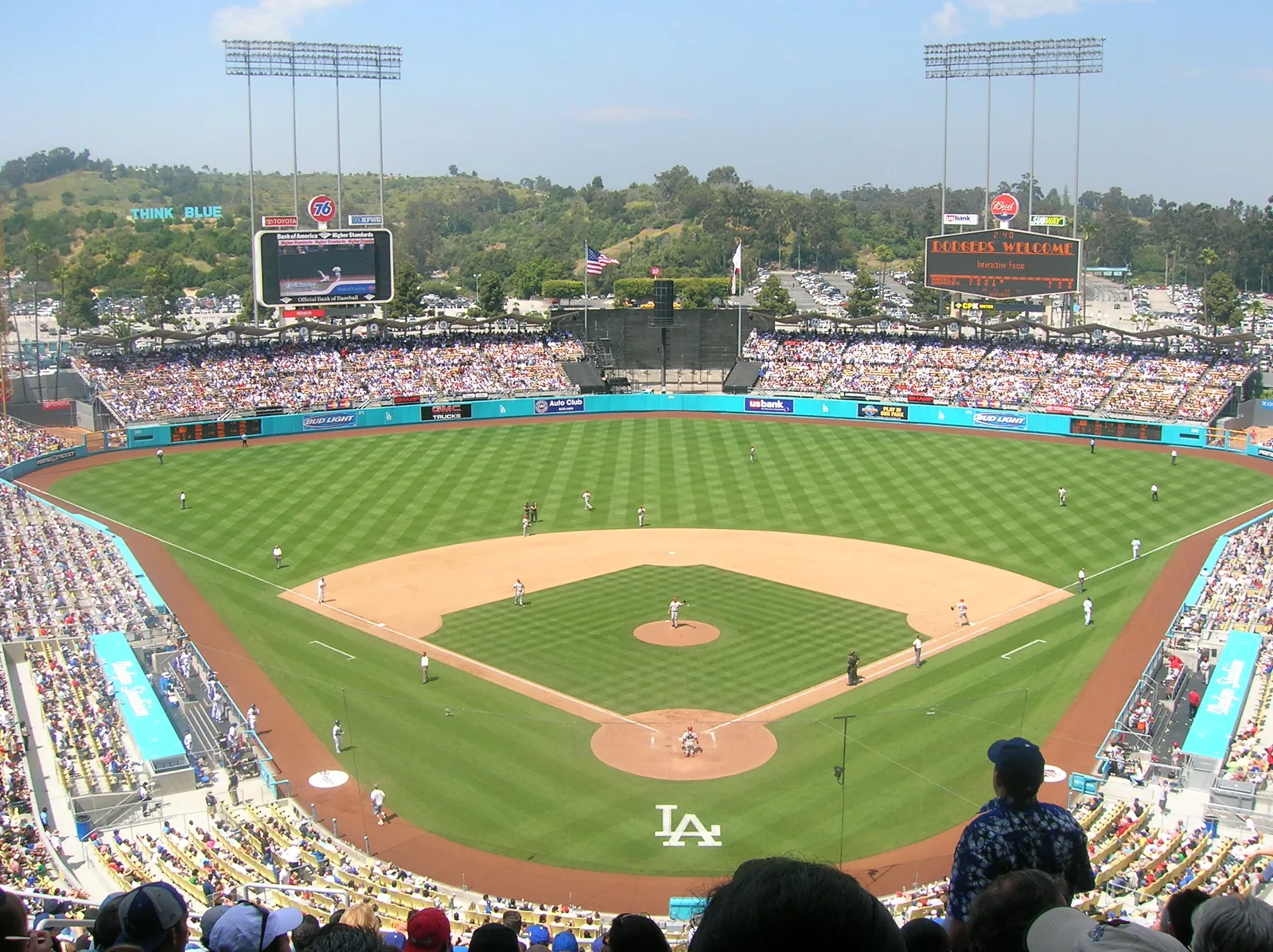 The Dodger Stadium seating bowl and field during a game
