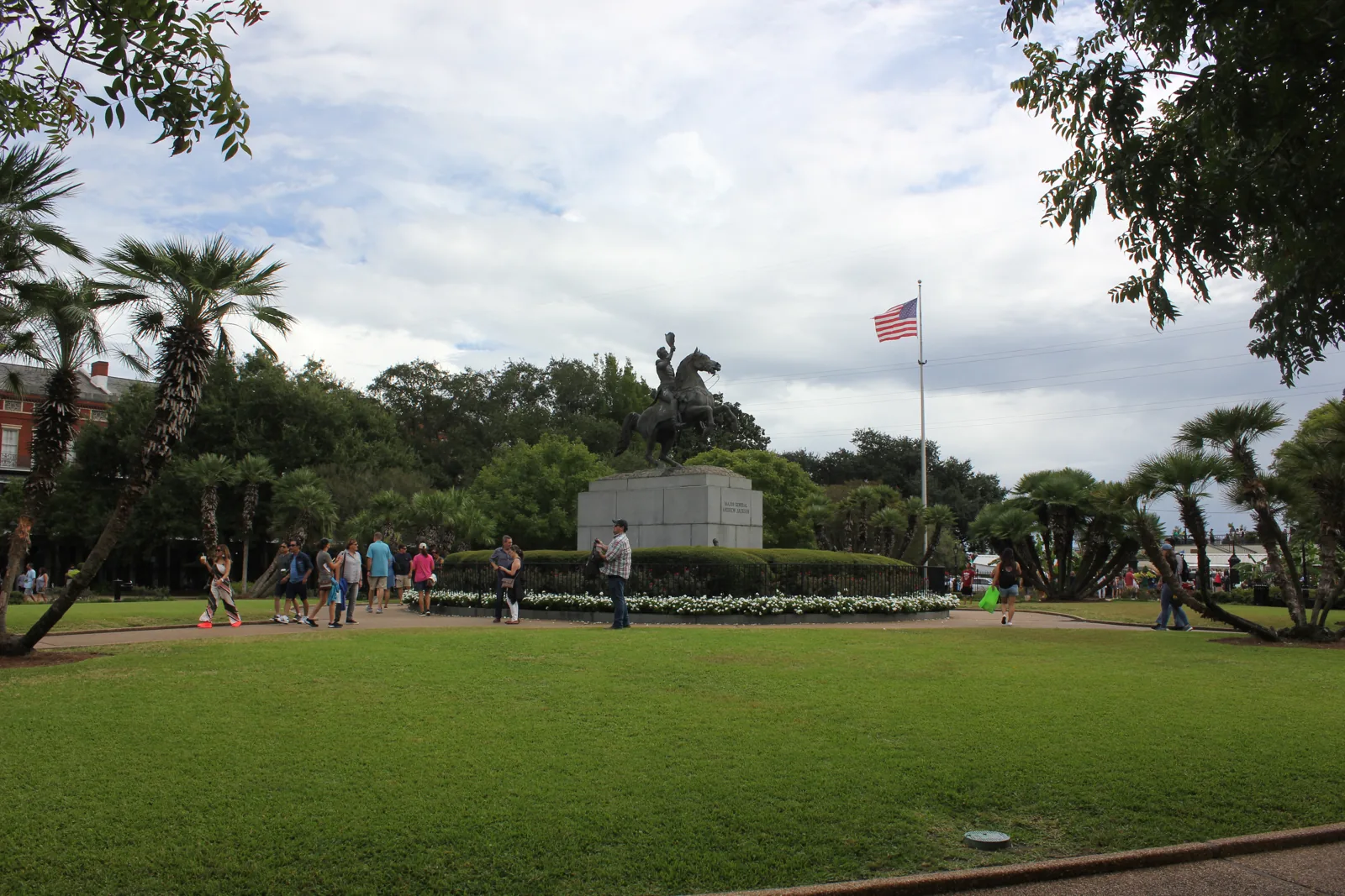 The lawn and statue inside the fence at Jackson Square, New Orleans