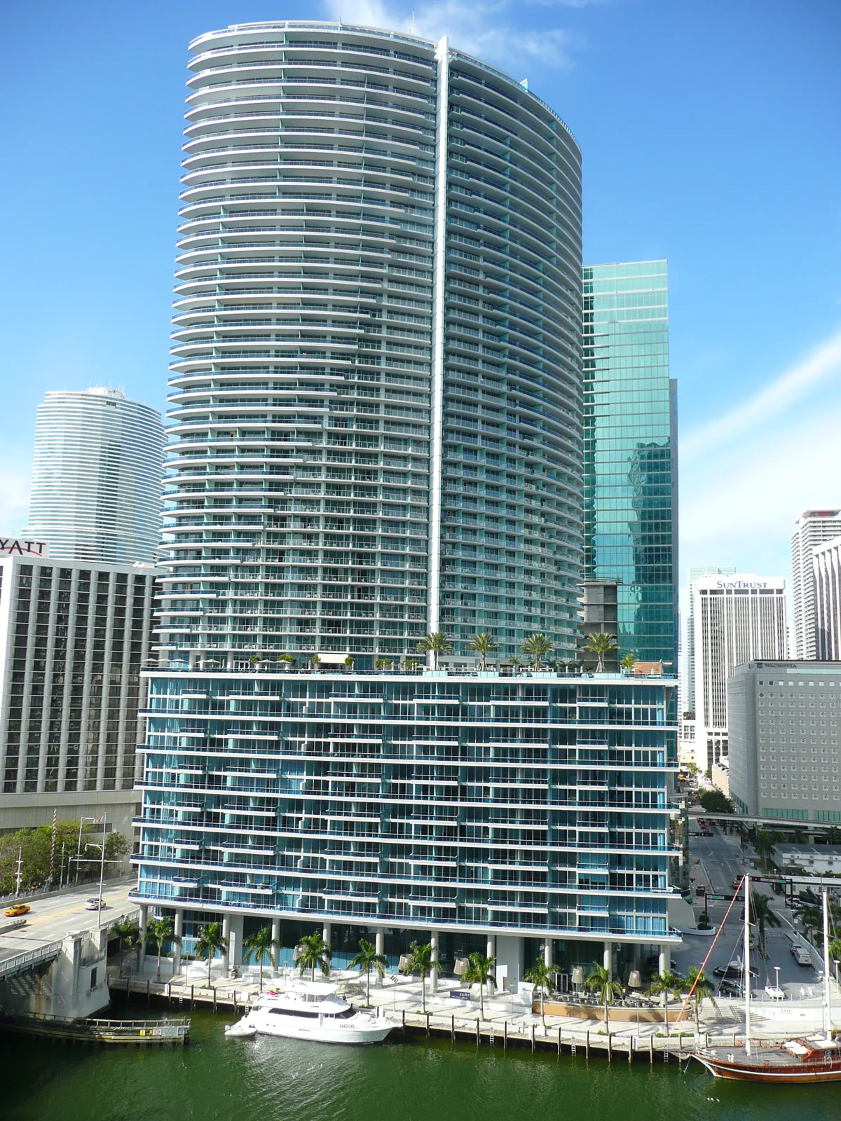The Kimpton EPIC Hotel tower beside the Miami River in downtown Miami
