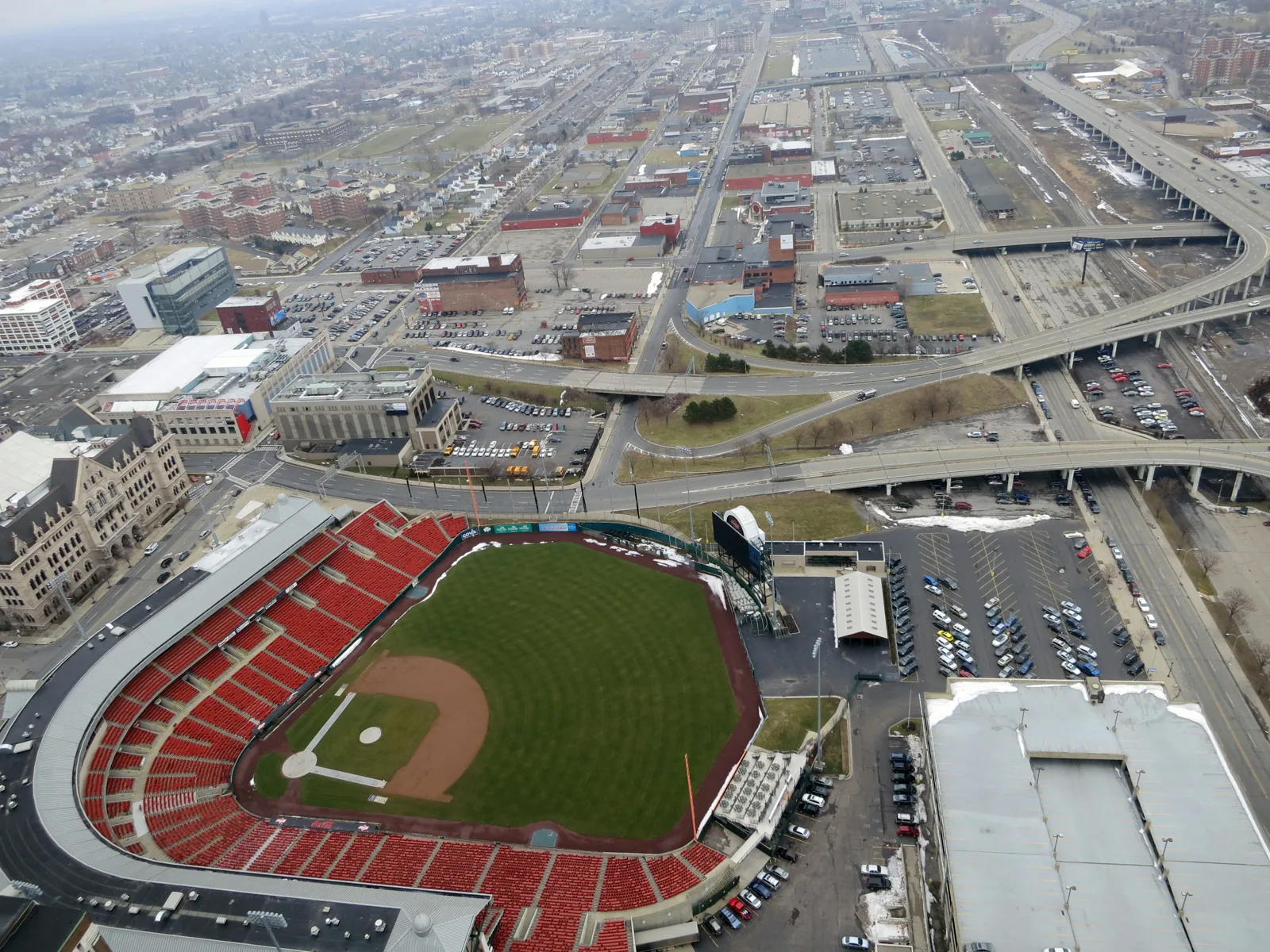 Aerial view of the Sahlen Field ballpark in downtown Buffalo