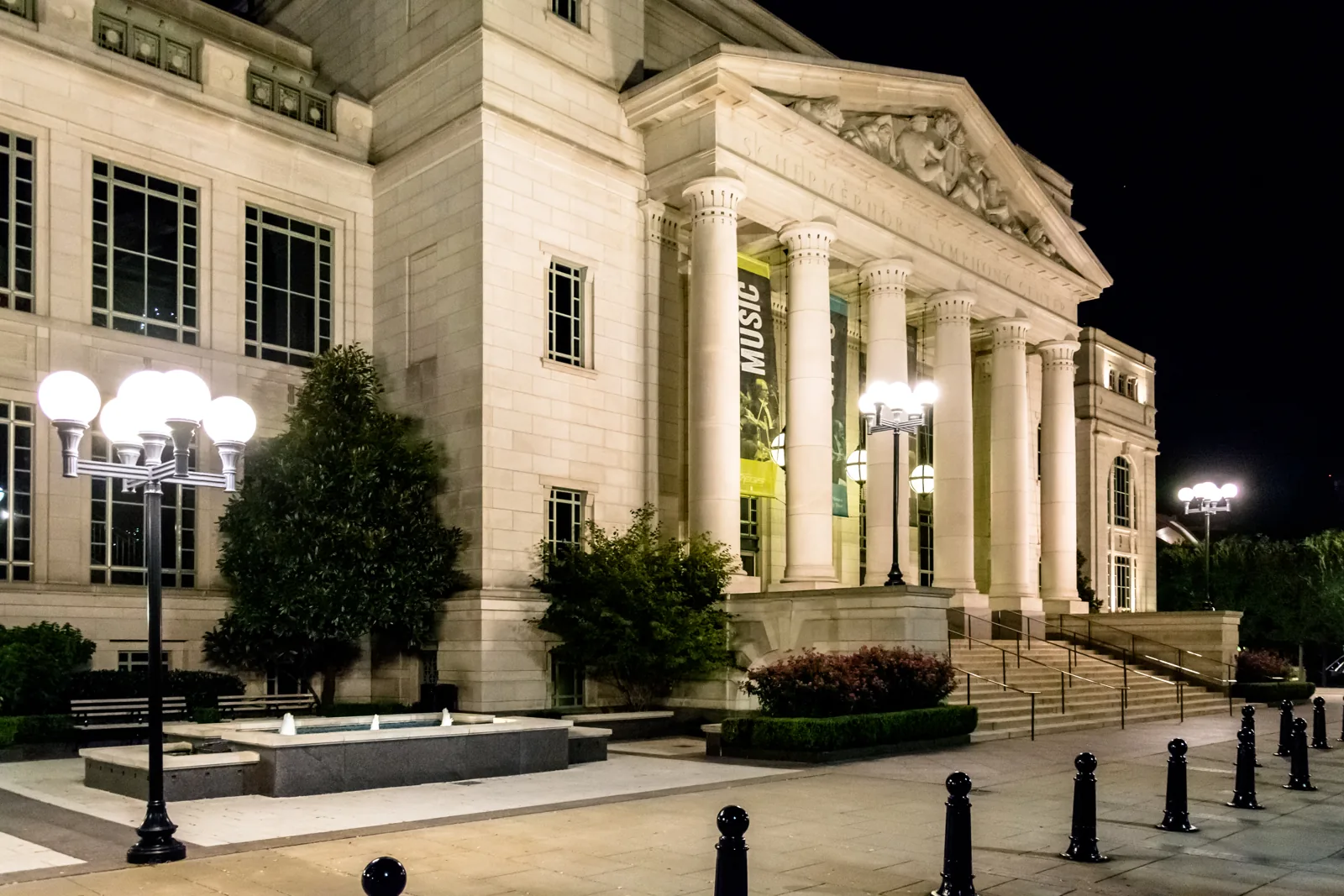 The columned front of the Schermerhorn Symphony Center, Nashville, at night