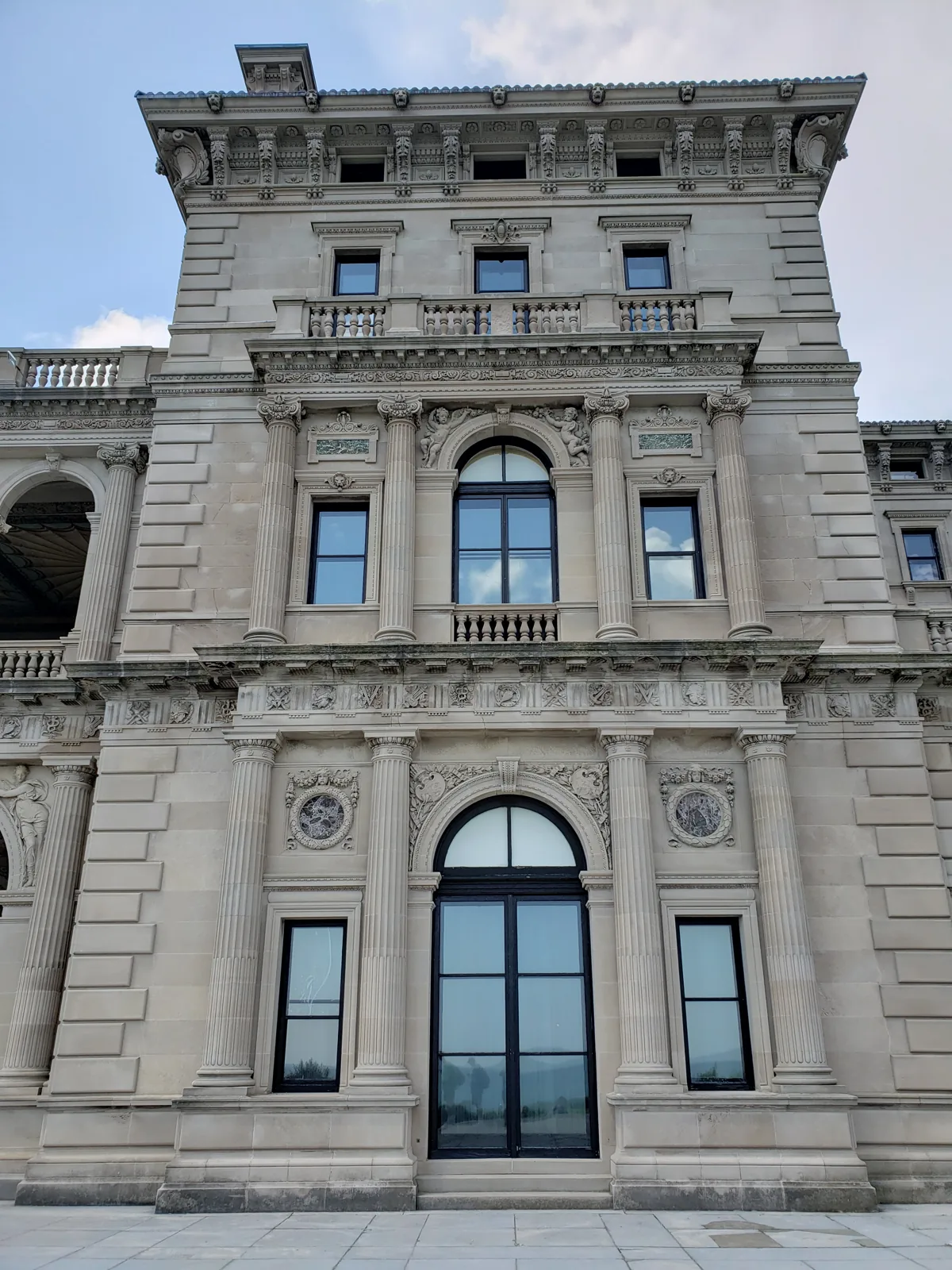 The stone facade of The Breakers mansion in Newport