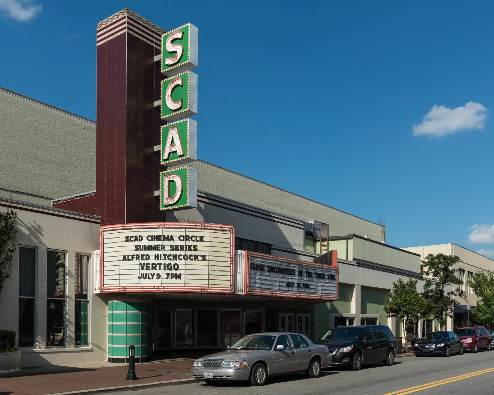 The SCAD sign and marquee of Trustees Theater on Broughton Street, Savannah